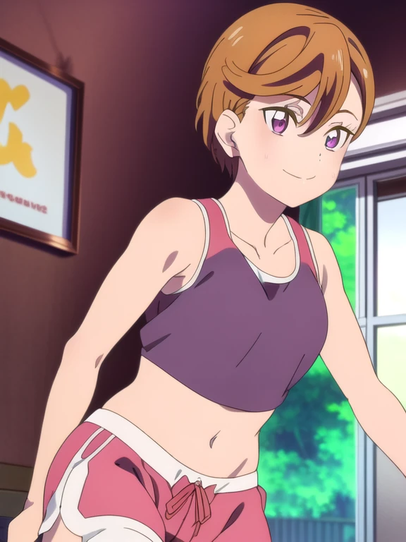 (masterpiece, best quality), intricate details, shizukazom100, 1girl, short hair, dark purple hair, bangs, hair ornament, hairclip, pink eyes, white pupils, medium breasts, collarbone, sports bra, navel, midriff, pink shorts, smile, closed mouth,  