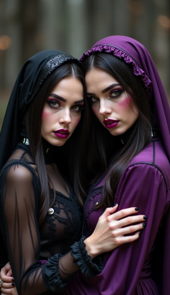 coquette funeral gothics, shallow depth-of-field, two exhausted intertwined gothic burqa gothics kiss closer while wearing a latex liquid-lacquered jilbab, lewd lesbians together petting too sensually excited, wear enormous glossy vinyl eyeliner eyeshadows lipstick blush rouge makeup, puffed liquid-lacquered wrap blouse with button-front gothic glossy poly-vinyl liquid-lacquered jilbab has enormous eyeshadows & lipstick, 'very strongly colored eyelids with broad wide big eye-shadow & enormous glossy eyeshadows' & 'thick eyebrows', wearing a smooth transparent 'glossy satin latex' purple satin blouse with ruffles & 'gold pleated glossy liquid-lacquered latex' glossy skirt with button-placket, adorned with a pleated purple satin croptop with hips with button-placket & dark-brown shiny pvc gloves, golden long-sleeved floor-length glossy satin vest with a button-placket & glossy brown poly-vinyl latex long-tunic shimmer wetlook glitter leggings & latex jilbab with poly-vinyl high-collar blouse