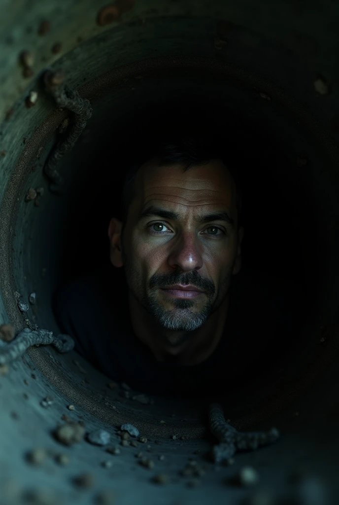a man trapped in a narrow dark funnel, detailed face, hyper realistic, dynamic lighting, cinematic, dramatic, moody atmosphere, high contrast, chiaroscuro, strong shadows, claustrophobic, gritty, detailed textures, intricate details, cinematic composition, dramatic lighting, 8k, high quality, photorealistic, masterpiece
