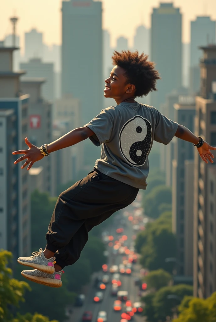 A youth boy with an adult mind, full of talents or feautures flying in a big city without wings but with hands opened up. Not far from the ground but at the middle of the large trees. Seems happy and strive for more. Hustler. A picture should look like he laid as in fly motion and the picture took from behind above him flying and the happy face is seen by him turning and smile shun. Behind. He wears a tshirt drawn a yinyang symbol. The picture is taken from behind, the yinyang symbol from the backside of the tshirt and the teenage is african american halfcast. He should seems as he lays in the air like superman. From exactly that picture above change to gray tshirt fits him, yeezy 350 boost and black tracksuit. Add a black bracelet left hand, a watch with a brown belt and two rings one in a pink finger gold and black on the second finger after thumb.
