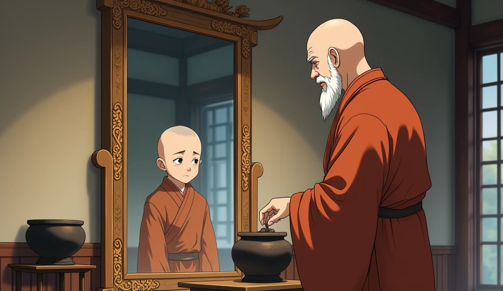 A large mirror hanging inside room, young monk student looking at mirror, his fat old monk master is standing with him beside a stand of wood and above the stand a pot of mud is placed, old monk is putting his hand into pot of mud, in anime style, high quality