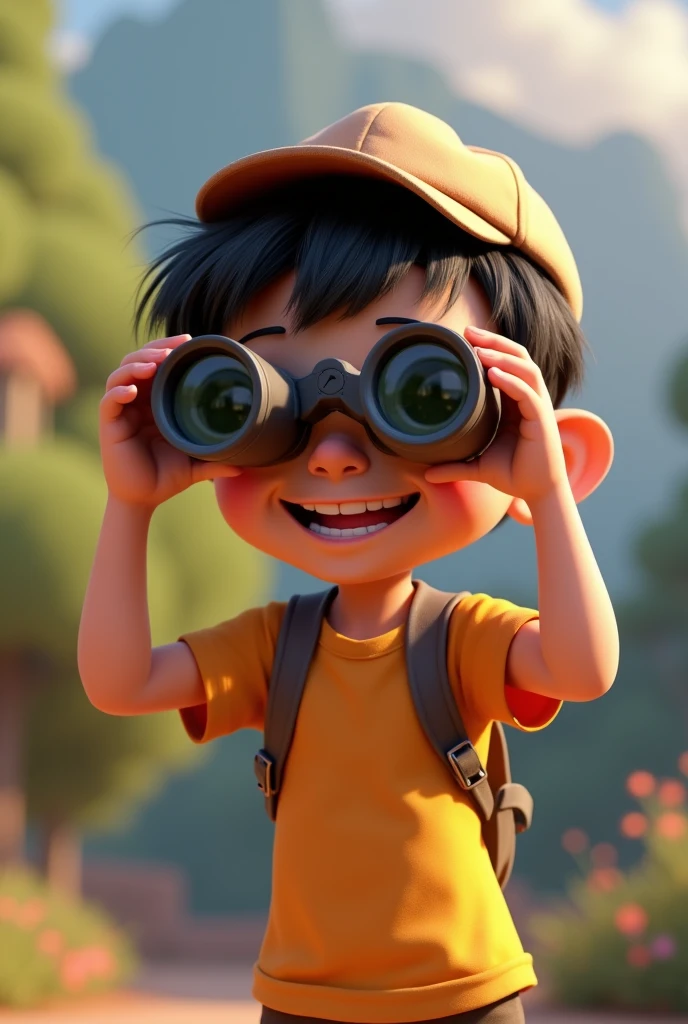 Create a 3D Disney Pixar character of a light-skinned boy with a hat and black hair, body facing crookedly to the left looking through binoculars with a happy smile. only one hand was holding the binoculars
