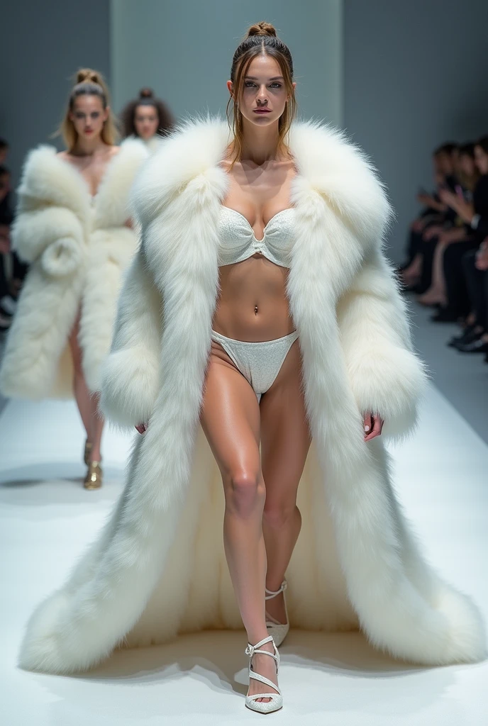 Very wide、Very thick, white mink fur coat, Thickness 150cm, fluffy, Thick white mink fur collar, 3 floors、Thick white mink fur hood、3 floors、(Fur fashion show)、naked、Nordic beauties、High ponytail、(Very large breasts:4.1)、naked、(Squat down and spread your legs)