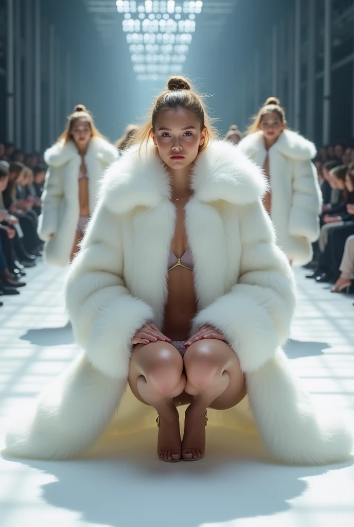 Very wide、Very thick, white mink fur coat, Thickness 100 cm, fluffy, Thick white mink fur collar, 3 floors、(Fur fashion show)、naked、Nordic beauties、High ponytail、(Large Breasts:1.8)、naked、(Squat down and spread your legs)