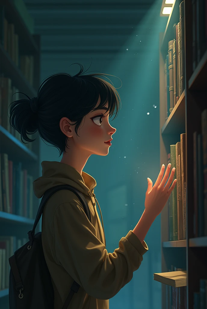 The cursed book reappears on a library shelf, with a new student eyeing it with curiosity.""animation form 