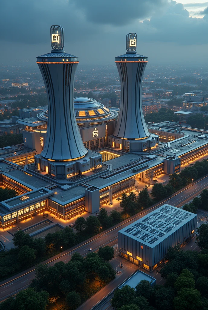 Nuclear Power Plant, Nuclear Power Station, Cooling towers, Atomic Symbol, multiple buildings, neon logo, neon lights, birdseye view ,art deco design,streamline moderne,futuristic architecture, Abstraction,modern style,dark night view,dark moody atmosphere, Futuristic decorative elements,Metallic,number line,sci-fi lamp,Virtual Engine,Unreal rendering, greenery, highways, cars, solar paneled roofs, ecofriendly, rooftop gardens,