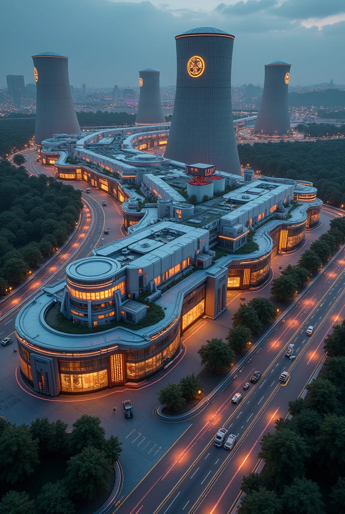 Nuclear Power Plant, Nuclear Power Station, Cooling towers, Atomic Symbol, multiple buildings, neon logo, neon lights, birdseye view ,art deco design，streamline moderne，futuristic architecture, Abstraction，modern style，dark night view，dark moody atmosphere, Futuristic decorative elements，Metallic，number line，sci-fi lamp，Virtual Engine，Unreal rendering, greenery, highways, cars, solar paneled roofs, ecofriendly, rooftop gardens,