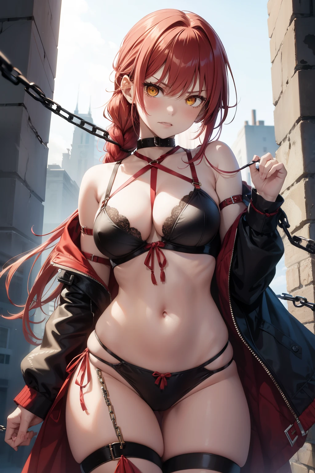 Makima , anime , masterpiece , angry face , blush , red color hair braided,  yellow eyes, up tied by chains, bound by chains bondage, humiliation , jaqueta aberta open clothes  , bra,  lowleg pantie  , medium  breasts  , disappointed face angry  , garterbelt , escritorio , tied up open  legus 