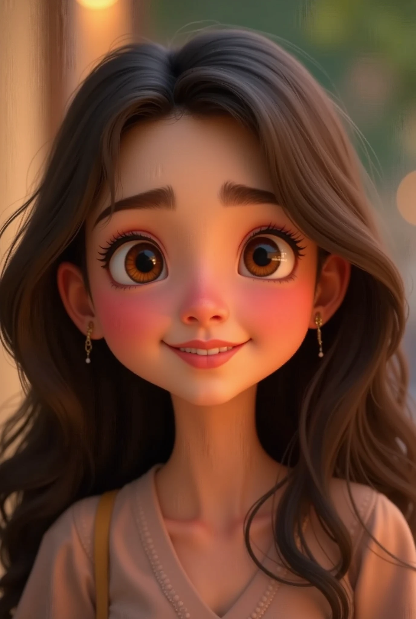 An 18 year old brunette, with long dark brown hair, round face, lovely smile, and brown eyes disney pixar