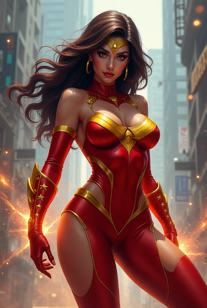 Create a very pretty sexy looking superhero woman who looks outrageous