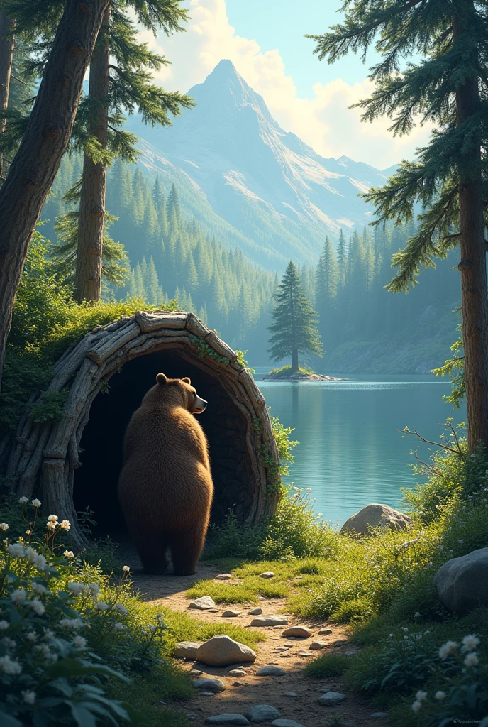 In the middle of a forest slope, a bear looks out from its den and in the distance stands a lake and a large tree next to it.