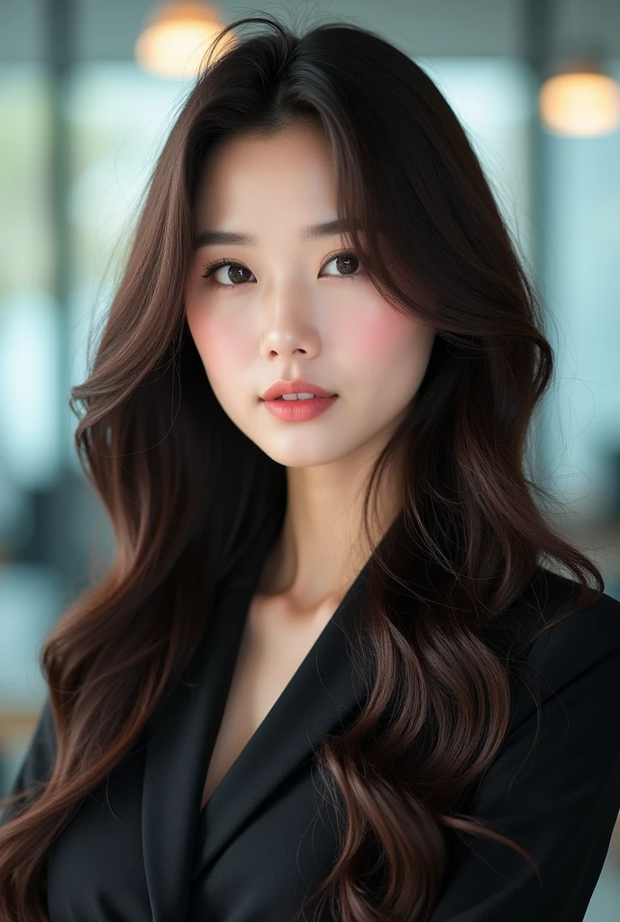 {{nsfw}},{{in the office:1.5}},{{koren mature woman)),quality, In 8K, Masseter region, Vibrant, Sharp focus, high quality, High resolution, Detailed face, fine grain, Thick lips, (Looking at the audience), alone, Beautiful woman, 30 years old, long thick wavy hair , look like lisa from blackpink