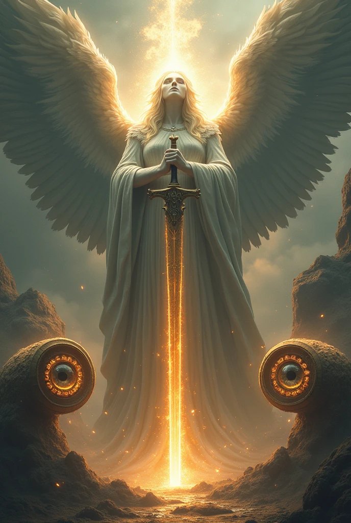A huge angel has his eyes covered and around his head there are two spinning wheels and around the wheels there are many eyes and he has hair made of light and a huge sword of fire in his hands.