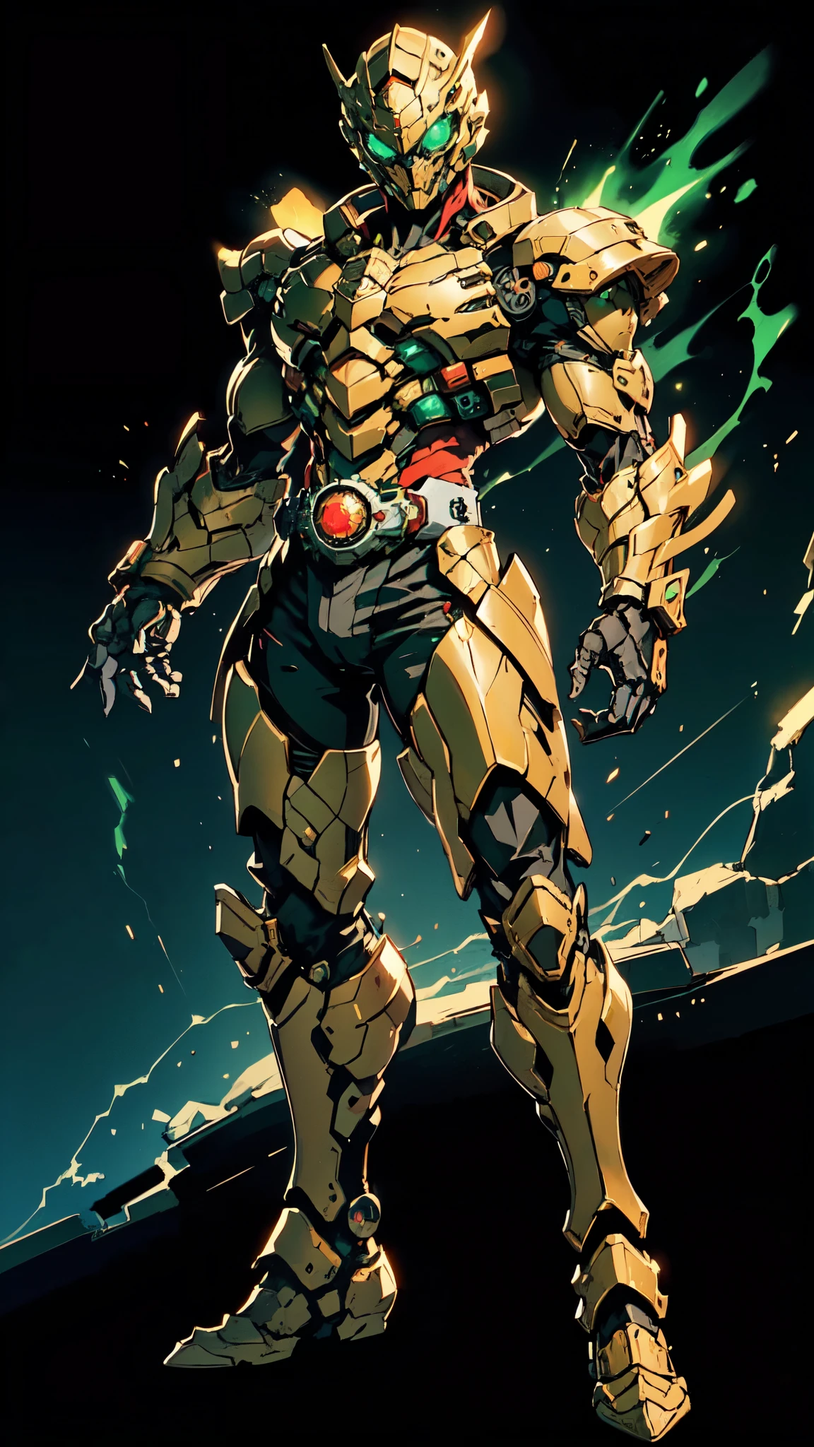(masterpiece:1.5, best quality:1.5, extremely delicate:1.5), a man wearing a full-face helmet, a fantasy-style biotech armored combat suit, green eyes, (a composite layered chest armor), fully enclosed shoulder guards, matching arm and leg guards, belt of Neon circuit, (the color scheme is primarily black with green and red accents), the design balances heavy with agility, a high-tech bio-mecha armor, (Armor Concept Inspired by Kamen Rider, stand on the top of a skyscraper in a futuristic sci-fi city), this character embodies a finely crafted fantasy-surreal style armored hero in anime style, exquisite and mature manga art style, (element, plasma, energy, the armor glows), ((male:1.5)), metallic, high definition, highres, ultra-detailed, ultra-fine painting, professional, perfect body proportions, golden ratio, anatomically correct, symmetrical face, extremely detailed eyes and face, high quality eyes, creativity, RAW photo, UHD, 32k, Natural light, cinematic lighting, masterpiece-anatomy-perfect