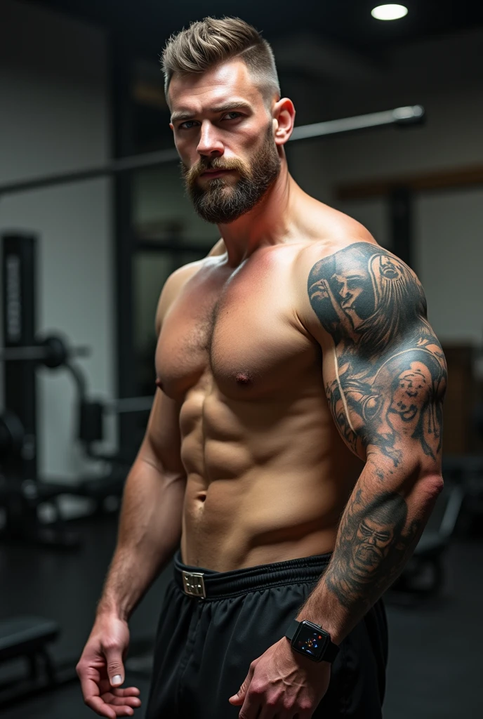 tall dark man, viking tattoo left arm, torse nue, Athletic body, beard de trois jours, military haircut, apple watch au poignet, in a gym, detailed body, ultra HD, Not too muscular, beard, Short haircut, corps fin, light facial hair,