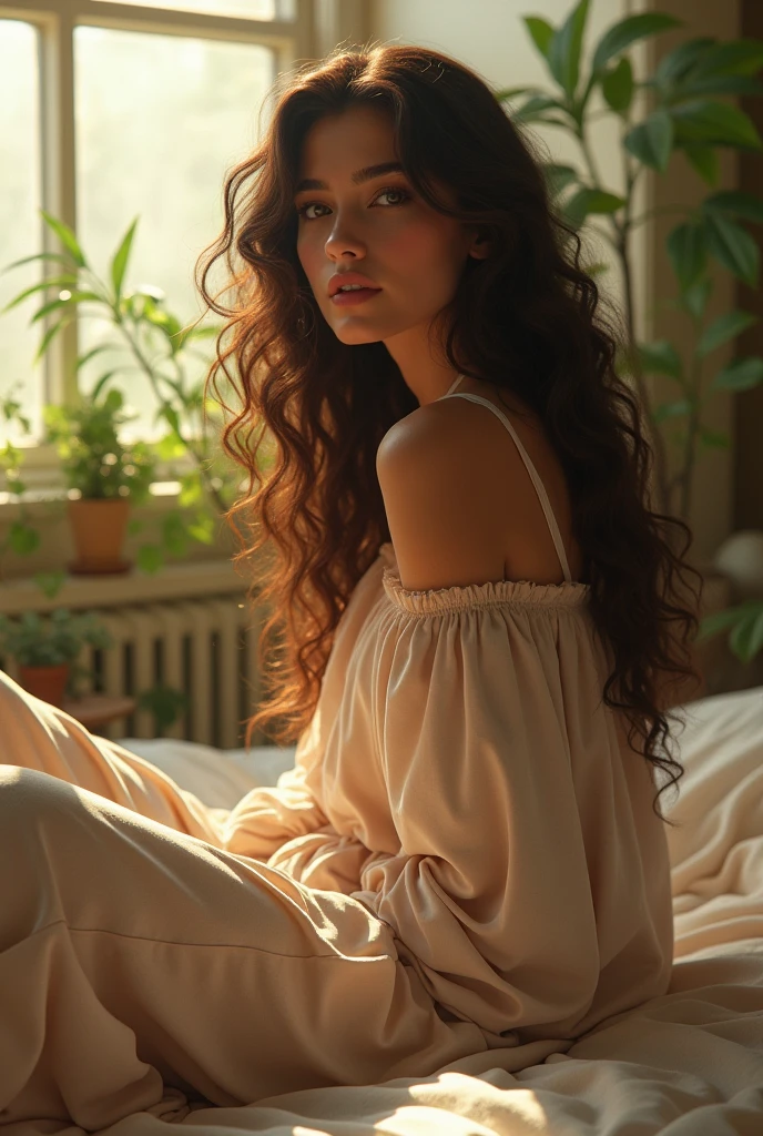 (photorealism:1.2), beautiful woman, sitting on bed, wearing loose off-shoulder top, pajama pants, long curly hair, indoors, soft lighting, plants in background, window with sunlight, cozy room, relaxed pose, realistic, intricate details, warm colors, by Greg Rutkowski, by Alphonse Mucha
