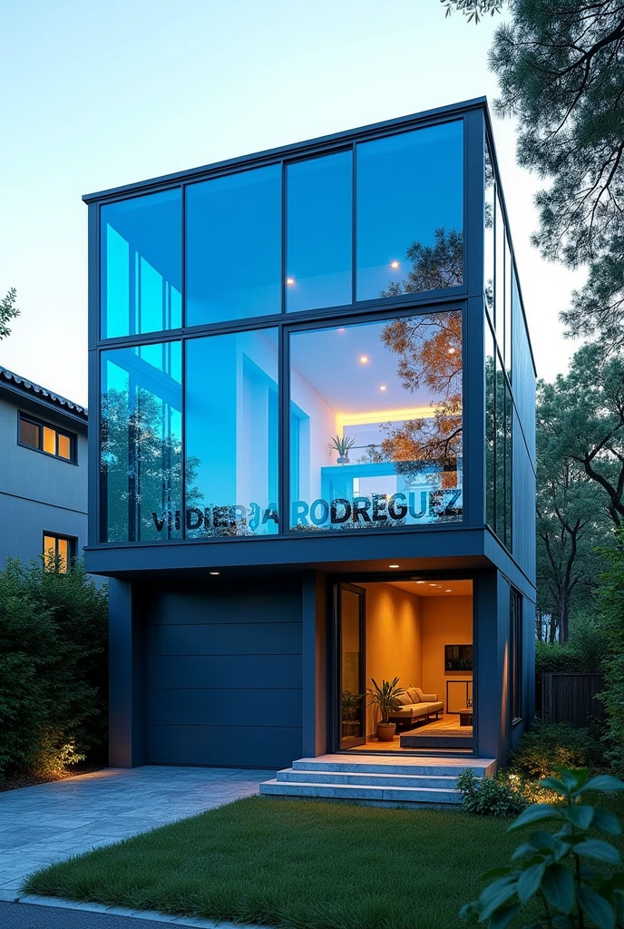 Windows with glass the blue color, desing modern, acustic, house full color, name VIDRIERÍA RODRIGUEZ into the glasses with letter big.