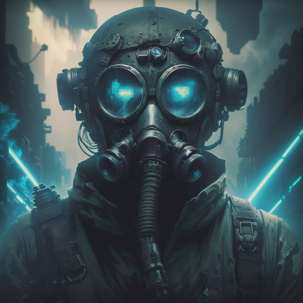 Arafad man in gas mask with gas mask and goggles, mystical post-apocalyptic cyborg, symmetrical warrior in dieselpunk style, car black dieselpunk grimcore, Futuristic Gas Mask, postApocalyptic atmosphere, apocalyptic art, постApocalyptic atmosphere, Apocalyptic atmosphere, apocalypse art!!!!, fantasy cyberpunk horror, dystopian sci-fi character, post-apocalyptic explorer