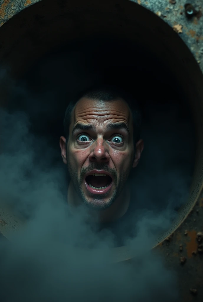 a man trapped in a dark, narrow smoke-filled funnel, claustrophobia, scared expression, crying for help, highly detailed, photorealistic, cinematic lighting, moody atmosphere, gritty, dramatic, (best quality,4k,8k,highres,masterpiece:1.2),ultra-detailed,(realistic,photorealistic,photo-realistic:1.37),dramatic lighting,chiaroscuro,intense shadows,moody colors an trapped in a narrow funnel, scared expression, detailed face, dramatic lighting, moody atmosphere, realistic,photorealistic,photo-realistic:1.37,best quality,4k,8k,highres,masterpiece:1.2,ultra-detailed,dramatic chiaroscuro lighting,cinematic composition,moody colors,subdued color palette,somber mood