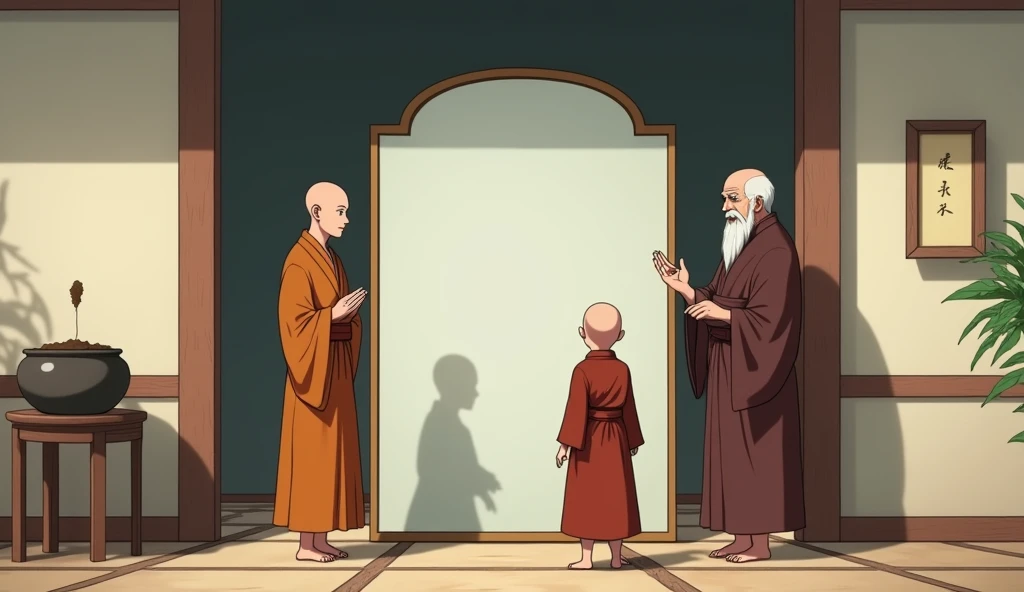 A large mirror hanging inside room, young monk student looking at mirror, his fat old monk master is standing with him beside a stand of wood and above the stand a pot of mud is placed, old monk is putting his hand into pot of mud, in anime style, high quality 