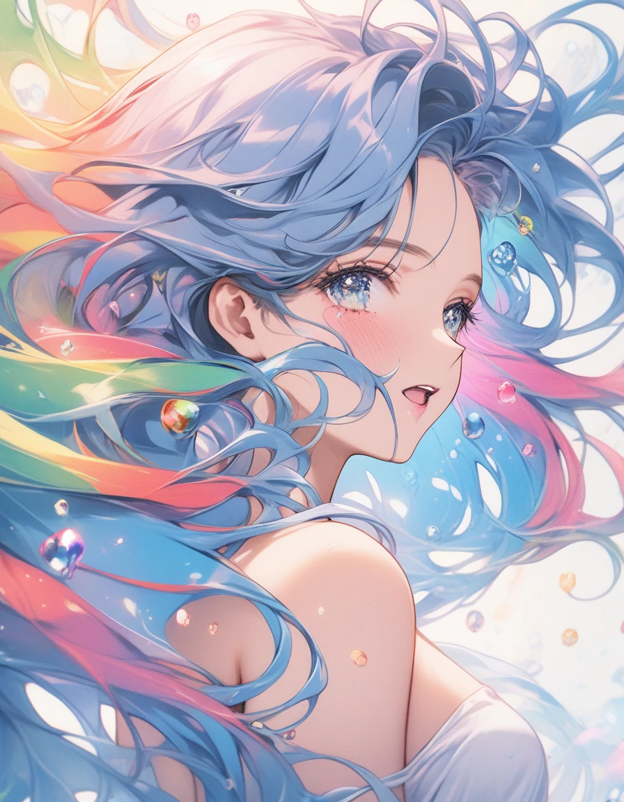 ((Highest quality, 8k, Tabletop:1.3, 1 person, beautiful girl)), cute, dynamism, Bold Pose、Lure、mysterious、Fantasy、Detailed face, Fine skin, Beautiful Eyes, Lip details, Finger details, Mouth details, Perfect Teeth, Detailed tongue, Round eyes, Tear bags, Realistic, RAW Photos, Cinema Lighting, Perfect Anatomy, High resolution, ((Colorful liquid on naked body:1.2)), Colorful body, Colorful background, Rainbow background、Rainbow Hair, Thighs, Side bust, Blue Hair
