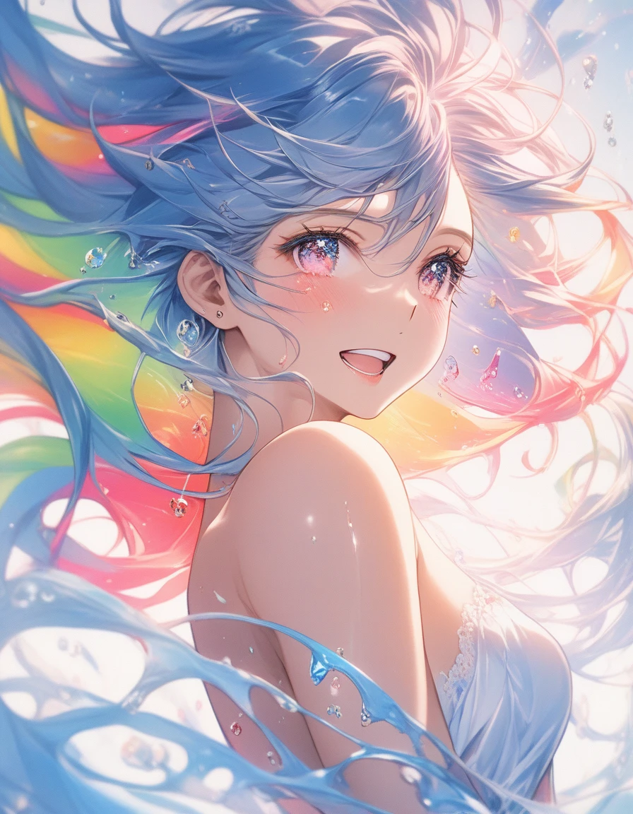 ((Highest quality, 8k, Tabletop:1.3, 1 person, beautiful girl)), cute, dynamism, Bold Pose、Lure、mysterious、Fantasy、Detailed face, Fine skin, Beautiful Eyes, Lip details, Finger details, Mouth details, Perfect Teeth, Detailed tongue, Round eyes, Tear bags, Realistic, RAW Photos, Cinema Lighting, Perfect Anatomy, High resolution, ((Colorful liquid on naked body:1.2)), Colorful body, Colorful background, Rainbow background、Rainbow Hair, Thighs, Side bust, Blue Hair