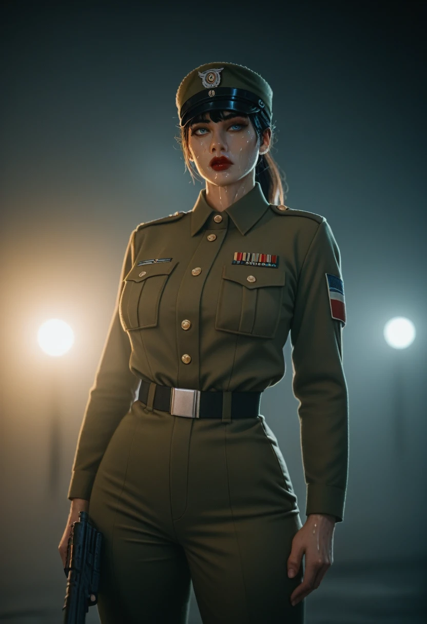pubg mobile character whore girl: ((armed gun, sexy military uniform)), Big Breasts, Bare Waist, Big Butt, Ponytail, Bangs, Beautiful Detailed Face, Blue Eyes Lined With Kohl, Glossy Red Lips, Sweaty White Skin, Front View High Quality, Cinematic Lighting, Realism, Luminism, Cinematic Lighting, High Resolution Shot, Ultra Wide Angle, High Detail, Award Winning, Best Quality, 16K, Fine, Retina, UHD, Textured Skin, Ultra Detail