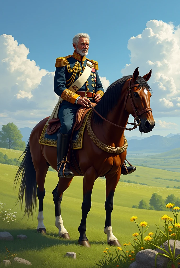 Draw me a picture of a general riding a horse on a grassland.
