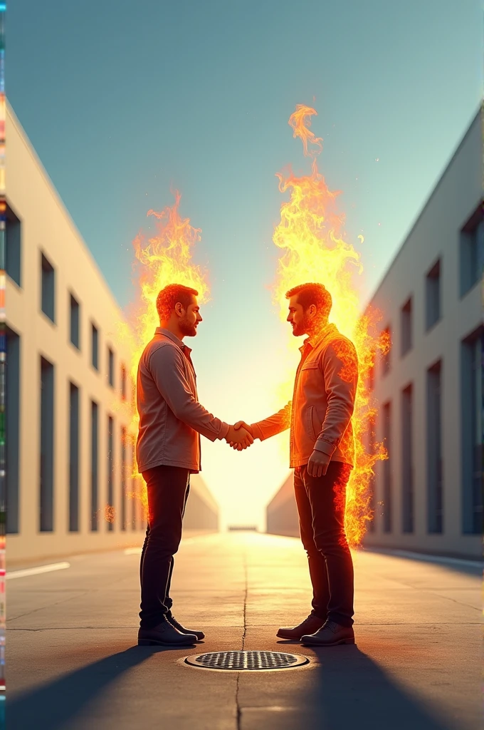 Deux hommes se serrent la main au premier plan. Celui de droite a des flammes sur lui.
Ils sont au premier plan au milieu d'une rue vide, avec des batiment eeqsemblant à des entrepôts blancs de chaque côté.
Le ciel est bleu sans nuage, la journée ensoleillée et les batiments projettent de l'ombre au sol.
Il y a une plaque d'egout au sol juste devant les deux hommes
