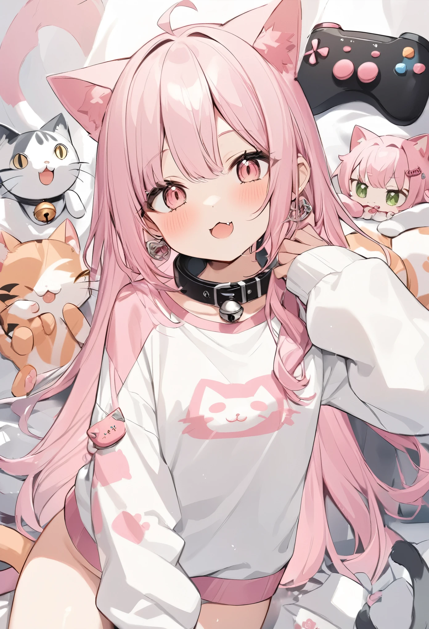 Pink Hair,Cat ear,Cat tail,Wearing white sweatshirt,Wearing a cat claw collar around the neck,A black and white cat lies on the right shoulder,Holding the game controller in front of the chest,,Bell earring on left ear,There is a pink cat head graffiti with some English embellishments and a little cat paw graffiti on the left chest of the sweatshirt,The mouth opened slightly,cute,Second Dimension