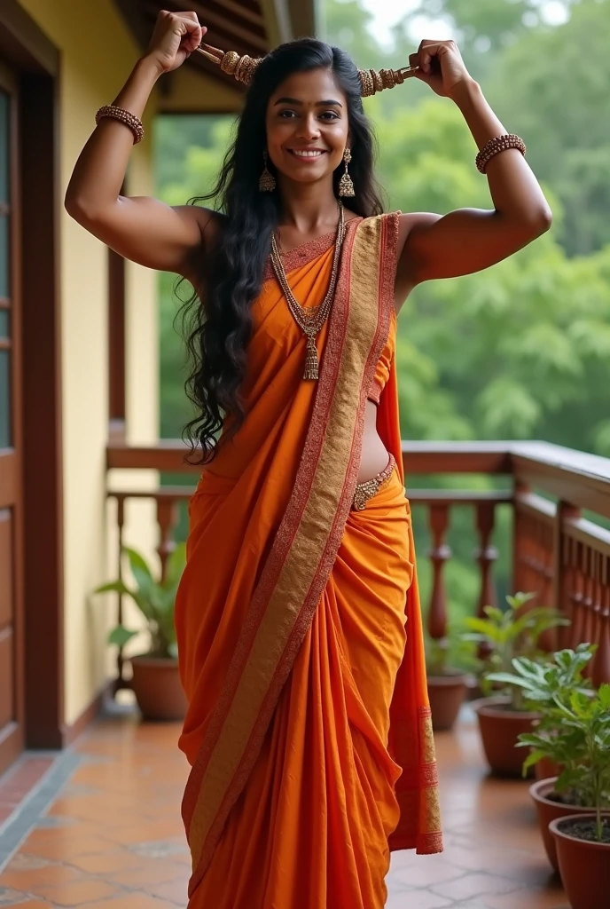 a tall, beautiful Indian actress in saree carrying a large man over her head sitting on her shoulders in home balcony , natural smile, she has strong arms, traditional