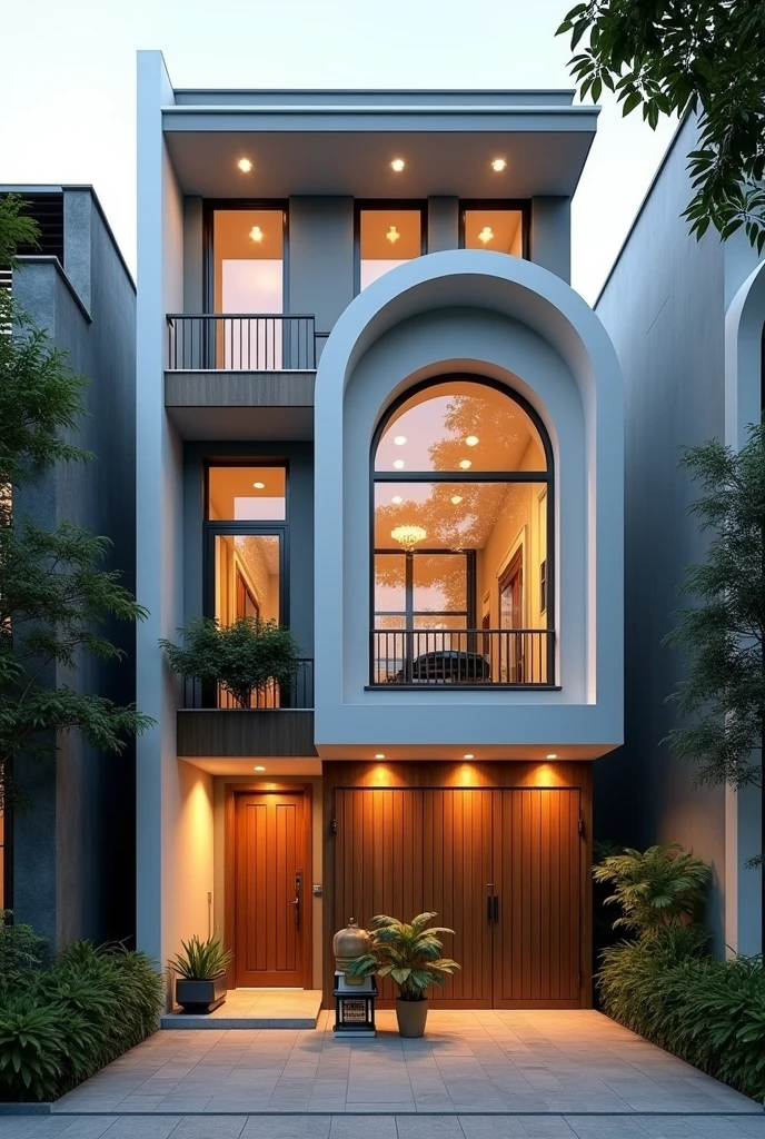 (Townhouse in city ,close houses and trees), daylight ( best quality) ((high solution)) ,(( photo realistic)) ,warm light, (sharp focont view of townhouse in style of modern,small house, Narrow area,VietNam,facade, curved arch,beautiful facade,curved windown,narrow and long ,two-storey,mutual colours, soft lighting, warm atmosphere,high Resolution, hyper detailed,4k ,vray render, octane render, hyper realistic, photography expert ,exterior design , professional photography, exterior photography,wide-angle shot , ultra detail , high Resolution , full frame, full body