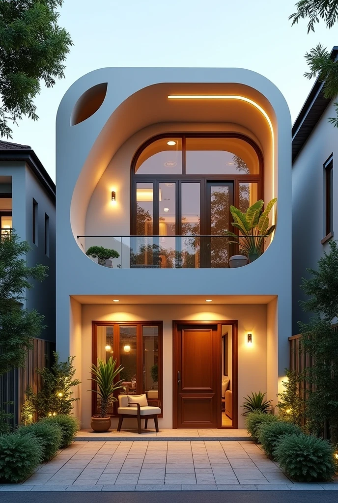 (Townhouse in city ,close houses and trees), daylight ( best quality) ((high solution)) ,(( photo realistic)) ,warm light, (sharp focont view of townhouse in style of modern,small house, Narrow area,VietNam,facade, curved arch,beautiful facade,curved windown,narrow and long ,two-storey,mutual colours, soft lighting, warm atmosphere,high Resolution, hyper detailed,4k ,vray render, octane render, hyper realistic, photography expert ,exterior design , professional photography, exterior photography,wide-angle shot , ultra detail , high Resolution , full frame, full body