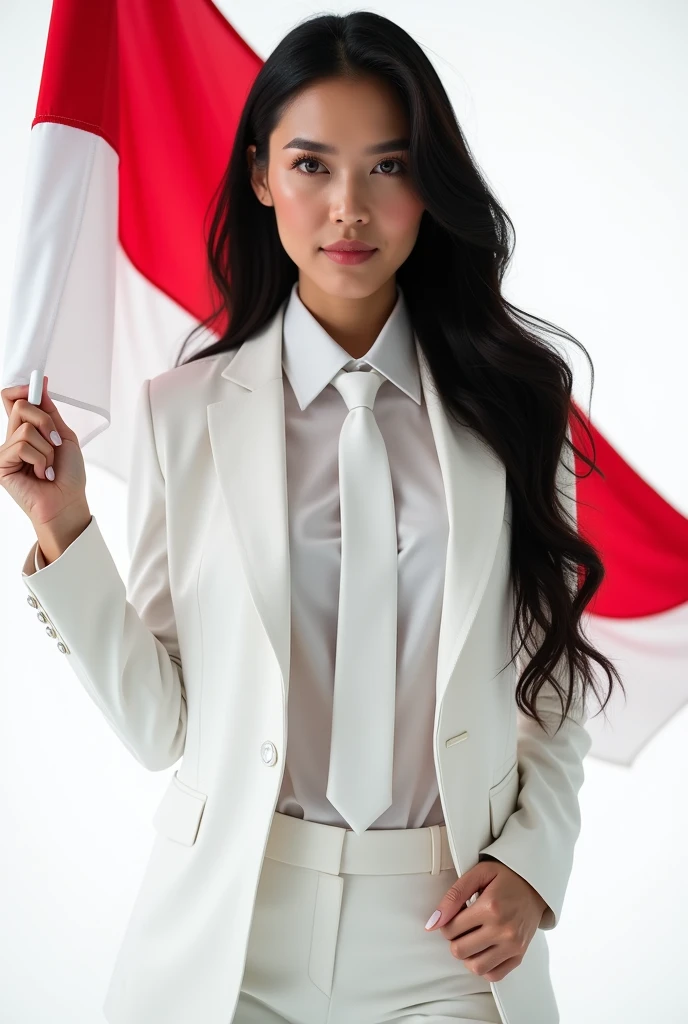Portrait, beautiful woman, holding Indonesian flag, alpha female, shirt, blazer, tie, elegant, black hair, white background
