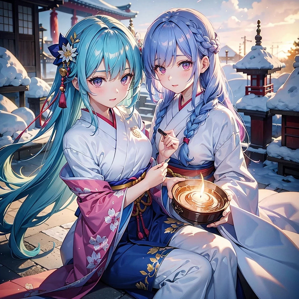 (Sky Blue Hair),(Braided Hair),(Pink Eyes),(Fair Skin),(Full Body),(Alone),(first visit of the year to a shrine),(Drawing a divine lot),Japanese kimono,(Masterpiece, Top Quality, Very Detailed, Best Shadows),(Detailed Background),(Beautifully Detailed Face),High Contrast,(Best Lighting, Very Delicate and Beautiful),((Cinematic Light)),Hyper Detail,8k,Dramatic Light,Exquisite Detail,winter,snow,