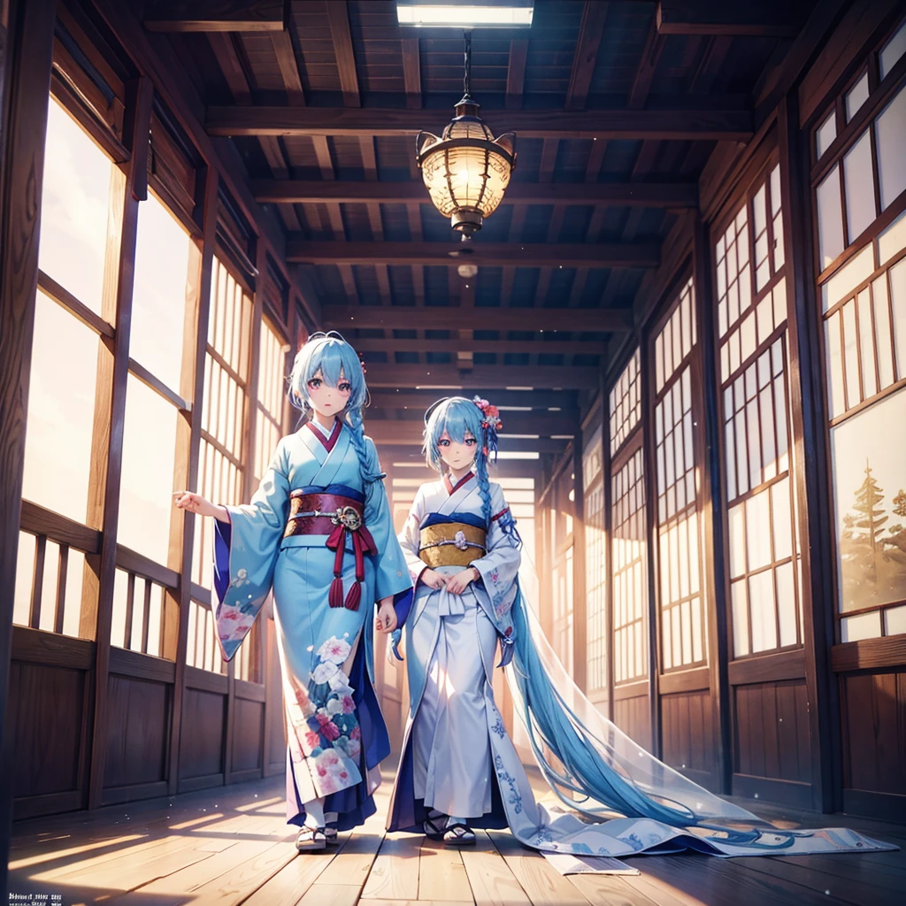 (Sky Blue Hair),(Braided Hair),(Pink Eyes),(Fair Skin),(Full Body),(Alone),(first visit of the year to a shrine),(Drawing a divine lot),Japanese kimono,(Masterpiece, Top Quality, Very Detailed, Best Shadows),(Detailed Background),(Beautifully Detailed Face),High Contrast,(Best Lighting, Very Delicate and Beautiful),((Cinematic Light)),Hyper Detail,8k,Dramatic Light,Exquisite Detail,winter,snow,