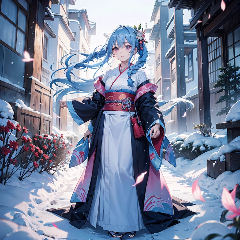 (Sky Blue Hair),(Braided Hair),(Pink Eyes),(Fair Skin),(Full Body),(Alone),(first visit of the year to a shrine),(Drawing a divine lot),Japanese kimono,(Masterpiece, Top Quality, Very Detailed, Best Shadows),(Detailed Background),(Beautifully Detailed Face),High Contrast,(Best Lighting, Very Delicate and Beautiful),((Cinematic Light)),Hyper Detail,8k,Dramatic Light,Exquisite Detail,winter,snow,