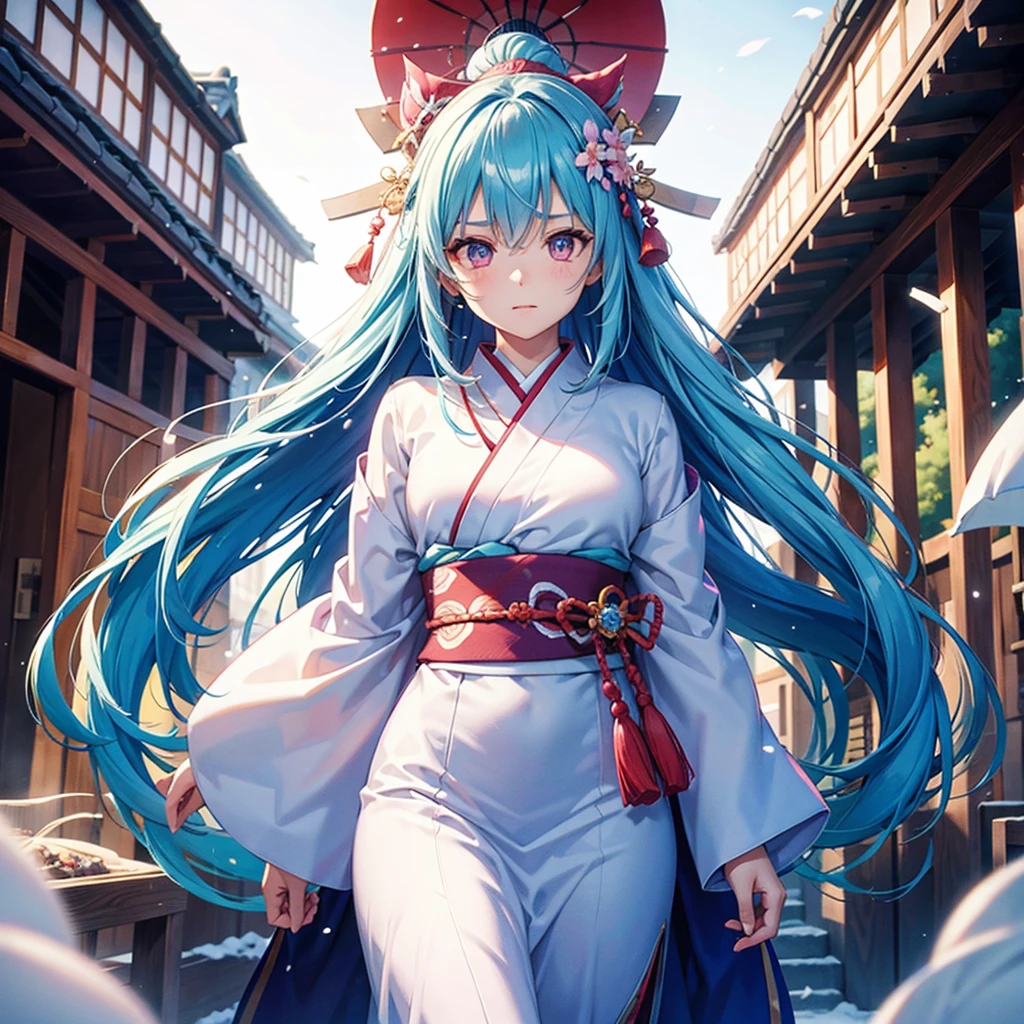 (Sky Blue Hair),(Braided Hair),(Pink Eyes),(Fair Skin),(Full Body),(Alone),(first visit of the year to a shrine),(Drawing a divine lot),Japanese kimono,(Masterpiece, Top Quality, Very Detailed, Best Shadows),(Detailed Background),(Beautifully Detailed Face),High Contrast,(Best Lighting, Very Delicate and Beautiful),((Cinematic Light)),Hyper Detail,8k,Dramatic Light,Exquisite Detail,winter,snow,