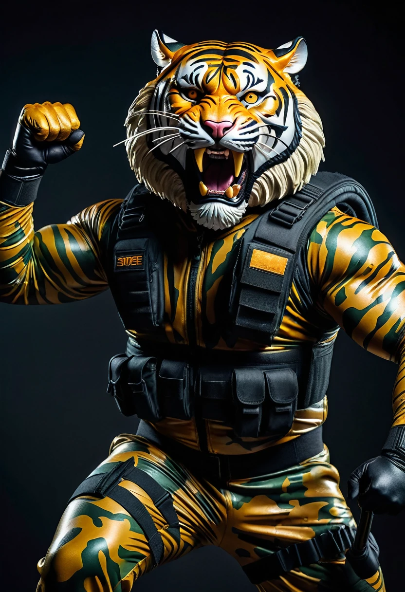 (a dark-skinned bearded fat muscular old man in a skintight army camouflage zipper diver suit) carrying a gun, (wearing realistic roaring tiger mask), dynamic action pose, fierce expression, showcasing an imposing stature, surrounded by military elements, dramatic shadows and intense highlights, cinematic color tones, high detail, powerful, art influenced by Bruce Onobrakpeya and Stanley Artgerm, ultra-detailed, best quality image, action-packed atmosphere. raising fist pose