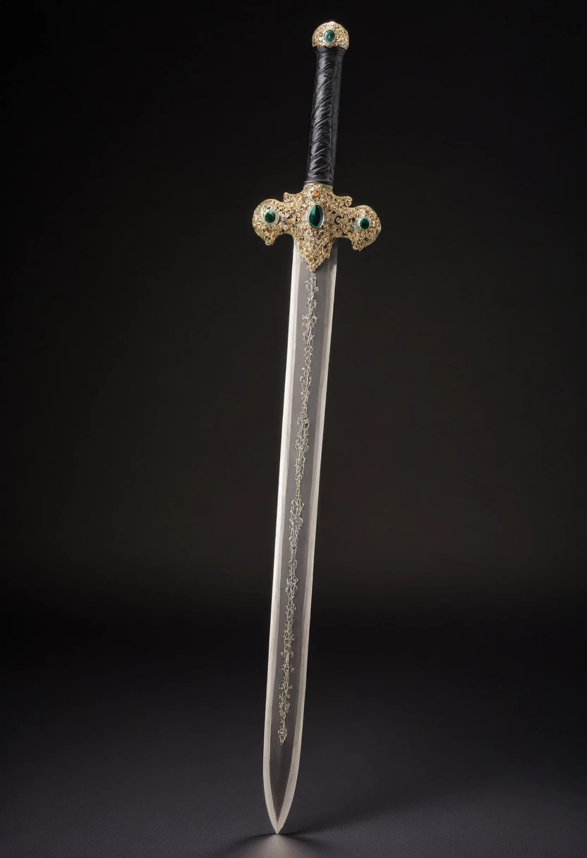 A sword with one blade, Heated blade, Black, Delicate handles embellished with gemstones