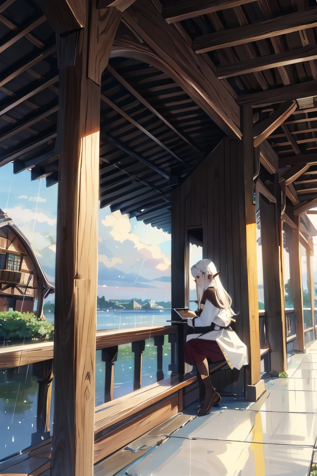 elf girl with white hair, wearing medieval dress, wearing headphone, sitting under the roof outside the cafe in medieval town, watching the rain.