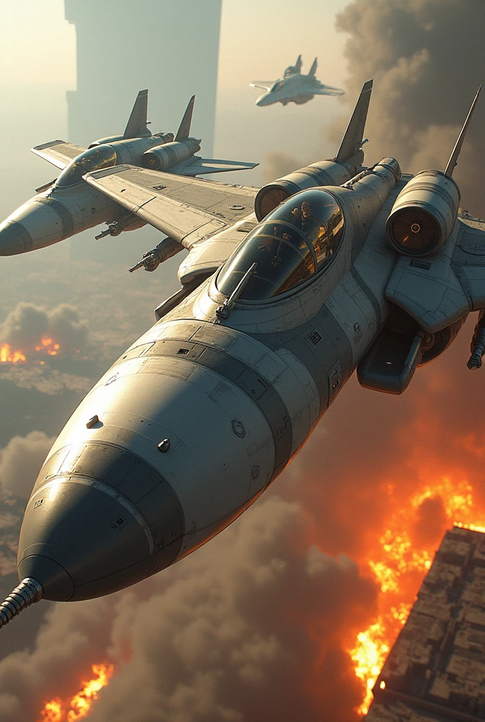 Two aircraft supporting a huge weapon and attacking, sc-fi, Intricate dynamic action shot of Huge weapons, battle, war, wide angle, cinematic Alessandro Casagrande, Greg Rutkowski, Sally Mann, concept art, sc-fi, 2 atmosphere, detailed face and eyes, Masterpiece, best quality, highly detailed photo:1, 8k, detailed face, photorealistic, background explosions