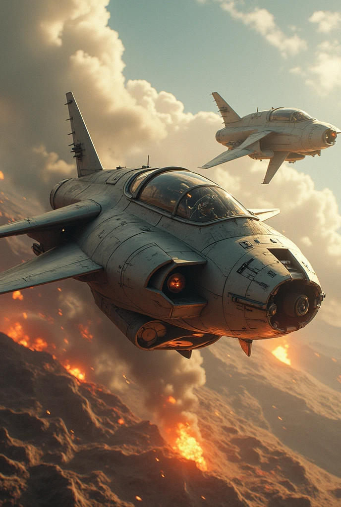 Two aircraft supporting a huge weapon and attacking, sc-fi, Intricate dynamic action shot of Huge weapons, battle, war, wide angle, cinematic Alessandro Casagrande, Greg Rutkowski, Sally Mann, concept art, sc-fi, 2 atmosphere, detailed face and eyes, Masterpiece, best quality, highly detailed photo:1, 8k, detailed face, photorealistic, background explosions