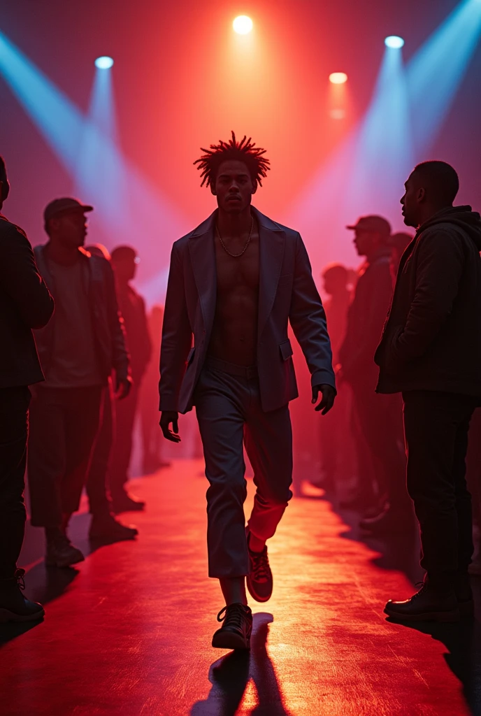 A 2024 modern black origin artist who bursts into a performance hall where his rapper competitors artists are surprised to see him in this performance hall.