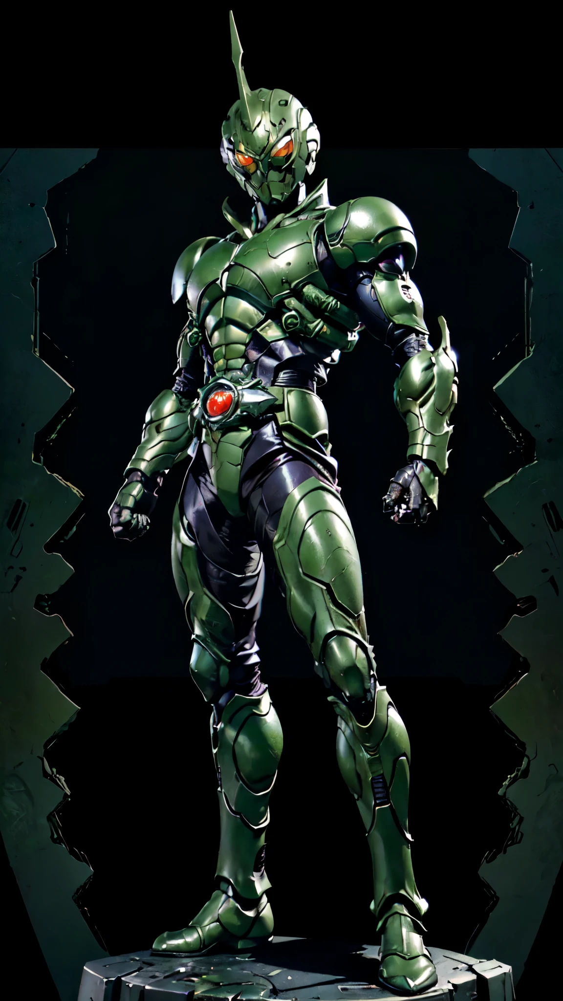 (masterpiece:1.5, best quality:1.5, extremely delicate:1.5), a man wearing a full-face helmet, a fantasy-style biotech armored combat suit, green eyes, (a composite layered chest armor), fully enclosed shoulder guards, matching arm and leg guards, belt of Neon circuit, (the color scheme is primarily black with green and red accents), the design balances heavy with agility, a high-tech bio-mecha armor, (Armor Concept Inspired by Kamen Rider, stand on the top of a skyscraper in a futuristic sci-fi city), this character embodies a finely crafted fantasy-surreal style armored hero in anime style, exquisite and mature manga art style, (element, plasma, energy, the armor glows), ((male:1.5)), metallic, high definition, highres, ultra-detailed, ultra-fine painting, professional, perfect body proportions, golden ratio, anatomically correct, symmetrical face, extremely detailed eyes and face, high quality eyes, creativity, RAW photo, UHD, 32k, Natural light, cinematic lighting, masterpiece-anatomy-perfect