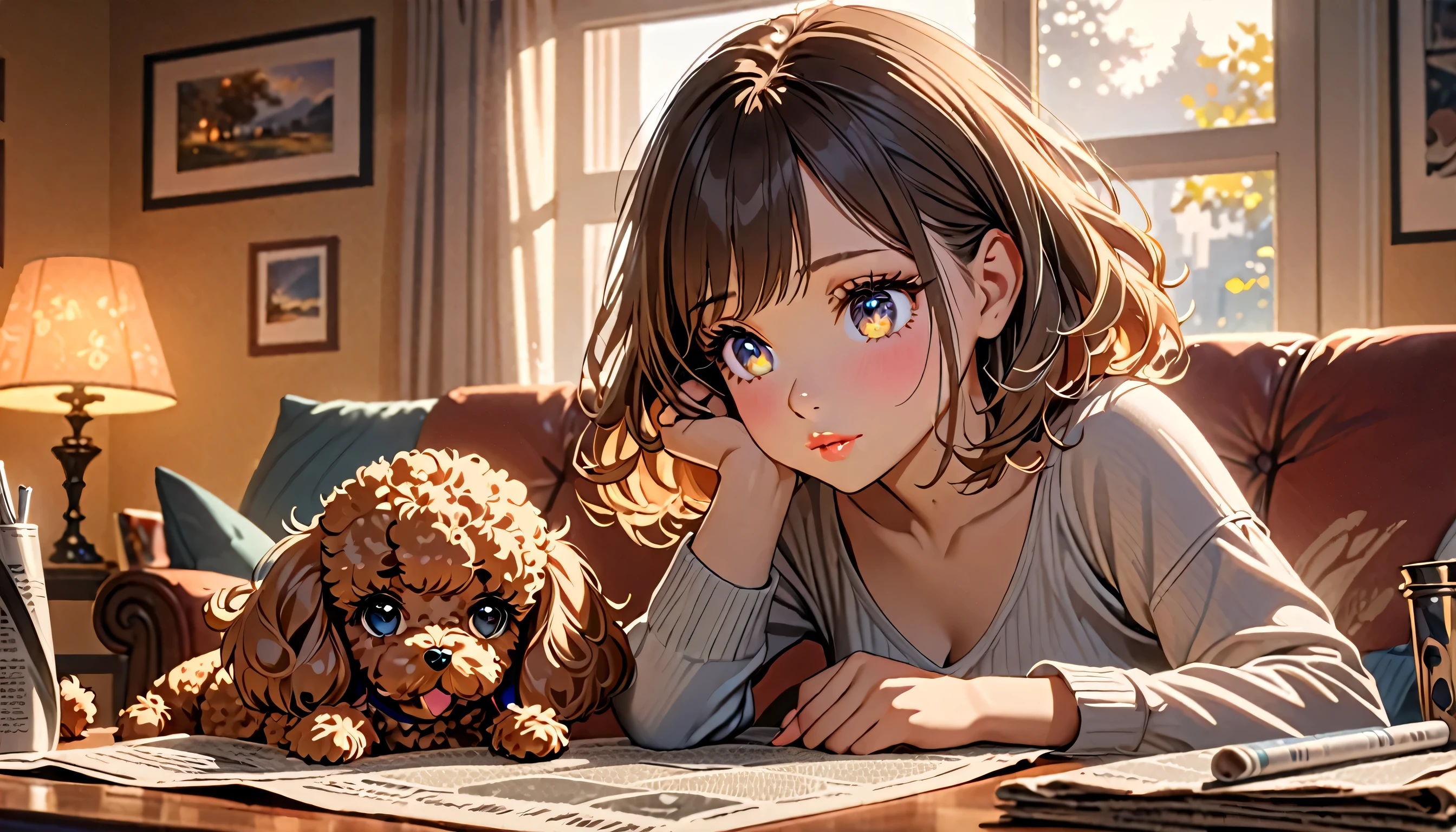 a girl in the entrance hall, putting on shoes, a toy poodle wagging its tail next to the girl, detailed facial features, beautiful detailed eyes, beautiful detailed lips, extremely detailed face, longeyelashes, detailed clothing, light and airy atmosphere, warm lighting, vibrant colors, (best quality,4k,8k,highres,masterpiece:1.2),ultra-detailed,(animetic:1.37),high quality, intricate detail, soft focus, natural lighting, cozy interior, cute scene