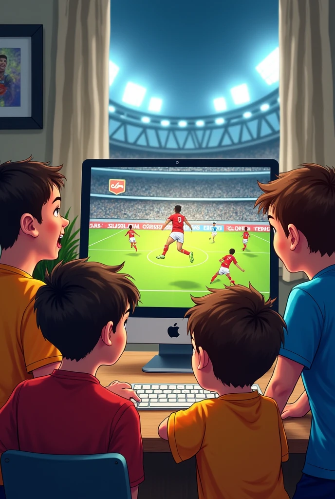 Creat a image boys watching football match in his destop