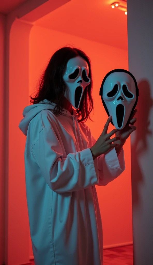 young, costume, scream mask, vape, in it, cool, selfie, White tunica, iphone 11, warm light.
