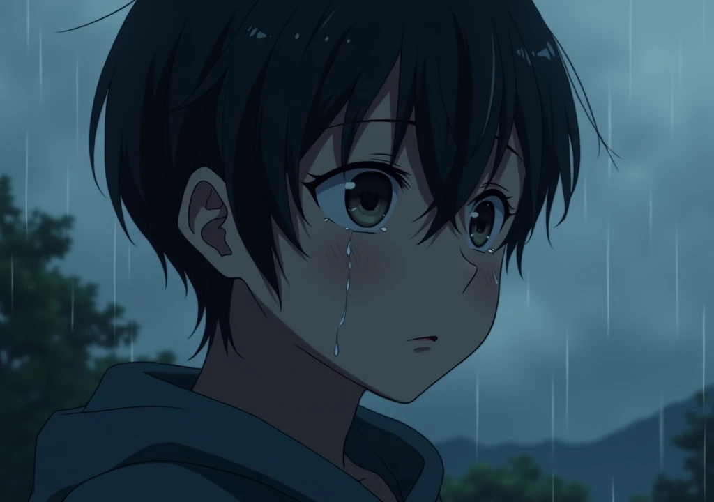 an anime crying looking sad tear falling off his eyes, on a rainy day after a breakup 
