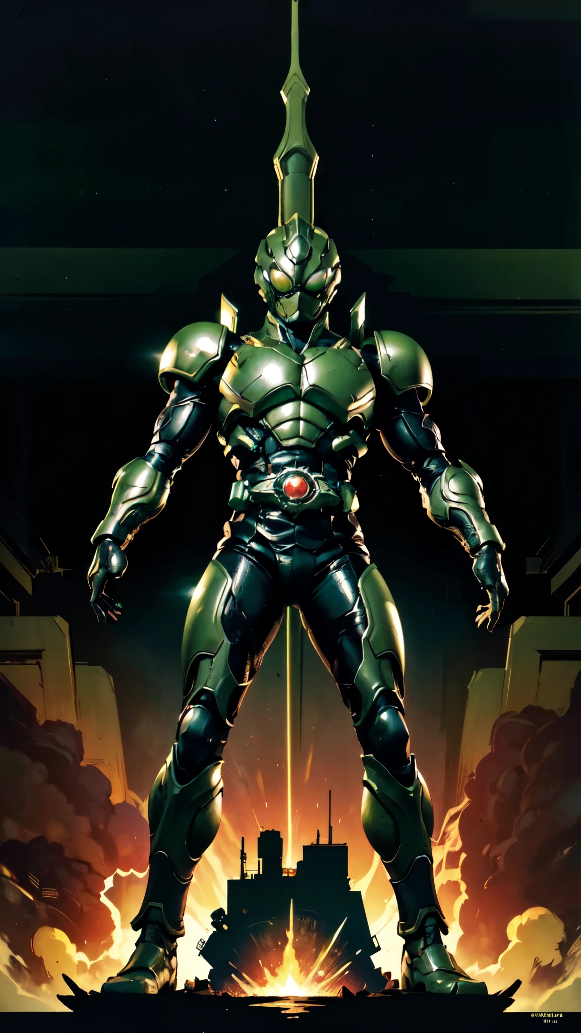 (masterpiece:1.5, best quality:1.5, extremely delicate:1.5), a man wearing a full-face helmet, a fantasy-style biotech armored combat suit, green eyes, (a composite layered chest armor), fully enclosed shoulder guards, matching arm and leg guards, belt of Neon circuit, (the color scheme is primarily black with green and red accents), the design balances heavy with agility, a high-tech bio-mecha armor, (Armor Concept Inspired by Kamen Rider, stand on the top of a skyscraper in a futuristic sci-fi city), this character embodies a finely crafted fantasy-surreal style armored hero in anime style, exquisite and mature manga art style, (element, plasma, energy, the armor glows), ((male:1.5)), metallic, high definition, highres, ultra-detailed, ultra-fine painting, professional, perfect body proportions, golden ratio, anatomically correct, symmetrical face, extremely detailed eyes and face, high quality eyes, creativity, RAW photo, UHD, 32k, Natural light, cinematic lighting, masterpiece-anatomy-perfect